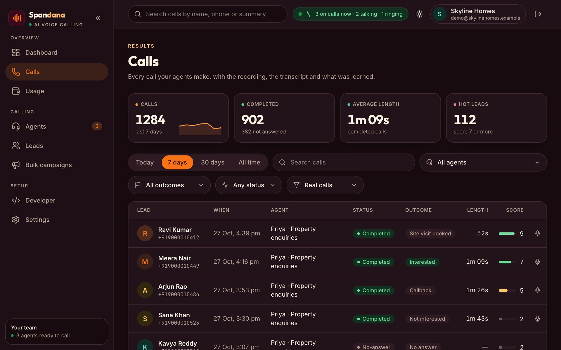 Every call, logged: Every call with its outcome, score and length, and a recording of it.
