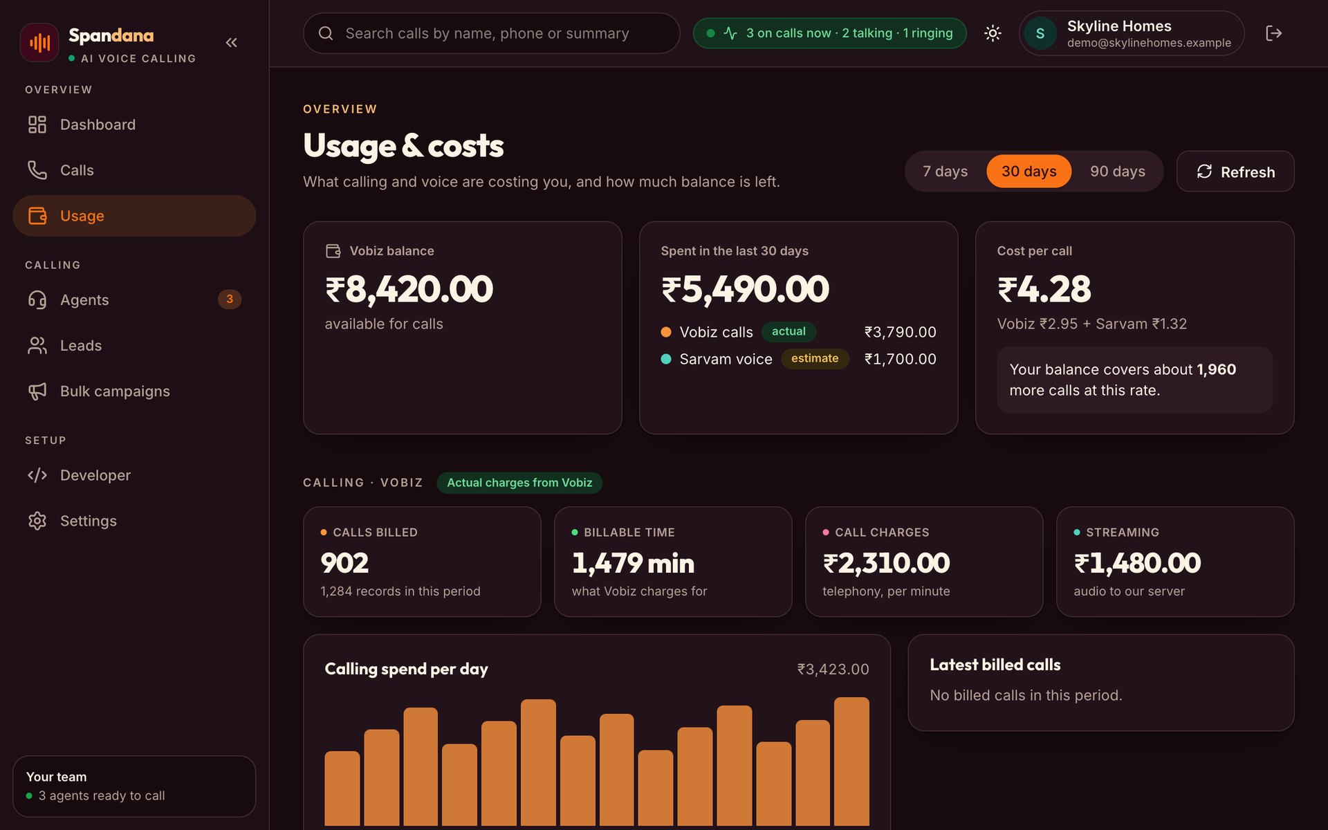 Usage and costs: See what calling and voice cost, and how many calls your balance still covers.